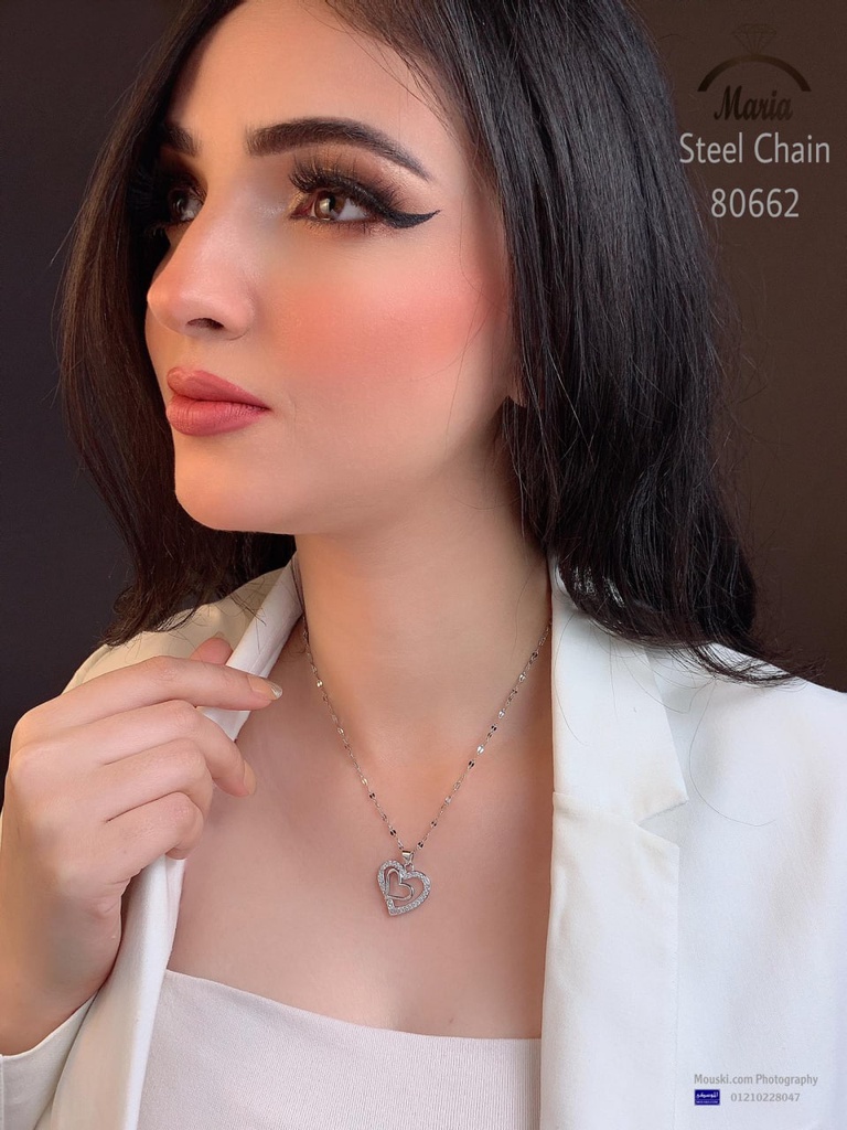 80662 كوليه ماركة اشون سلسة ستانلس عيار 316 سلفر قلب  فصوص مايكرو زيركون